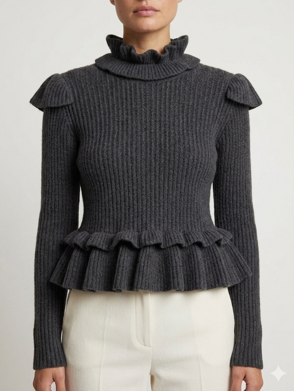 Ganni Ribbed Ruffle Peplum Sweater Open Back Wool Blend Gray Frill Rib S